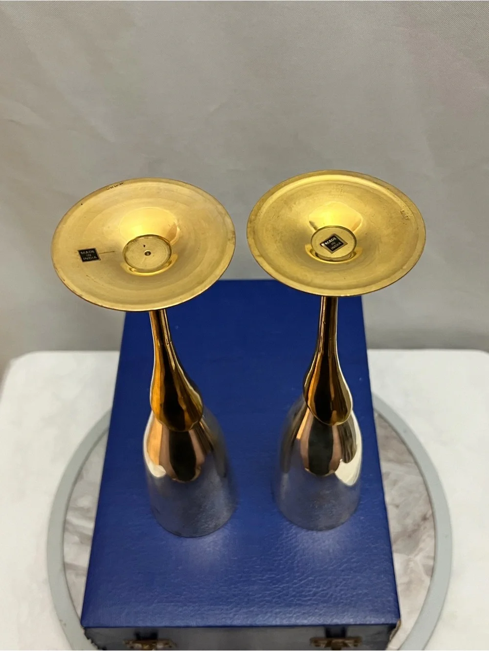Vintage EPNS Champagne Flutes Pair Silver Gold Tone India Blue Case 10.5”